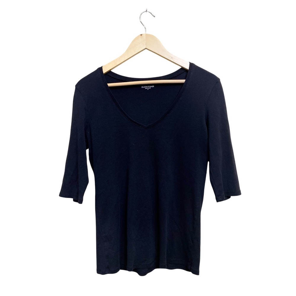 Eileen Fisher Womens Black Organic Cotton V-Neck Elbow Sleeve Top Size M